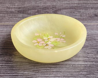Birks Vintage Alabaster Dish – Soft Yellow Trinket or Jewelry Bowl with Floral Design