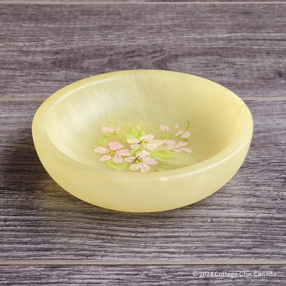 Birks Vintage Alabaster Dish – Soft Yellow Trinket or Jewelry Bowl with Floral Design