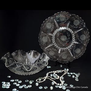 Hughes Cornflower Hostess Glass Set – New Martinsville Vintage Etched Crystal Bowl and Plate Canada