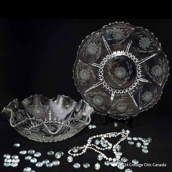 Hughes Cornflower Hostess Glass Set – New Martinsville Vintage Etched Crystal Bowl and Platter Canada