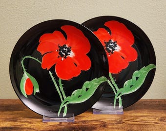 Vintage Fitz and Floyd Pavot Noir Salad Plates Pair Red Poppy Black Porcelain 7.5"