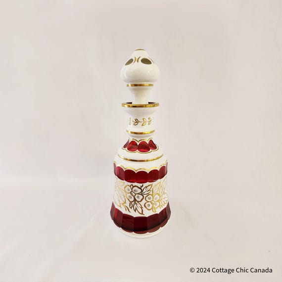 Bohemian White Overlay Ruby Red Glass Decanter – Vintage Mid-Century Barware