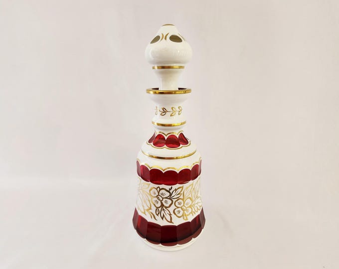 Bohemian Czech Ruby Red Glass Decanter – White Overlay Cut to Clear, Gold Enamel, Mid-Century Collectible Barware
