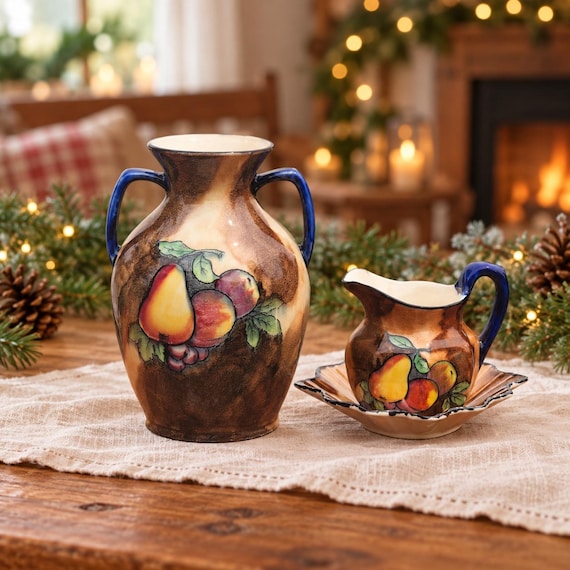 Vintage H&K Tunstall Luscious Pottery Set, Vase, Creamer Underplate, 1930s Art Deco Fruit Decor