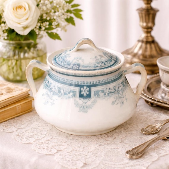 Upper Hanley Fresco Sugar Bowl – Art Nouveau Transferware England 1890s