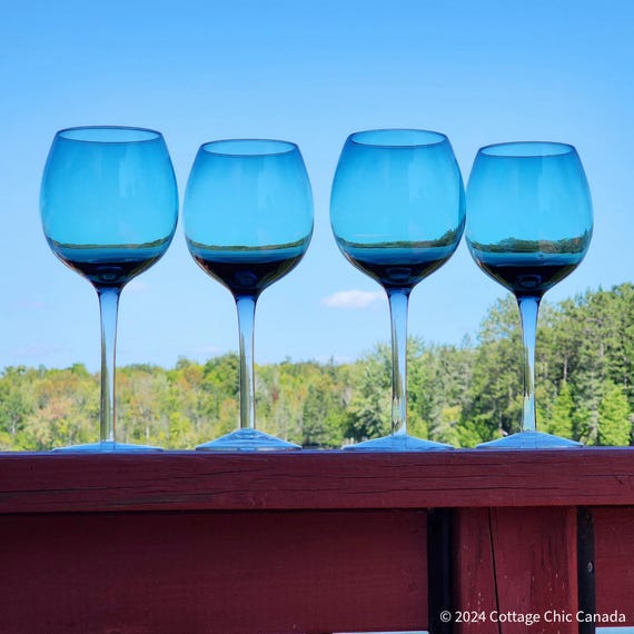 Vintage Teal Blue Stemmed Balloon Wine Glasses  Set of 4 Modern  Contemporary Barware - Etsy