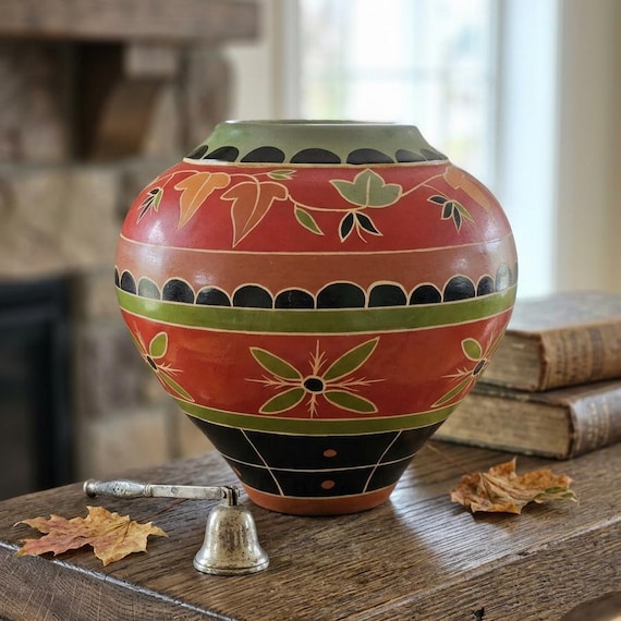 Vintage Hand Painted Ceramic Vase Large Boho Southwestern Folk Art Pottery Decor