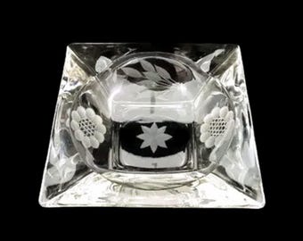 Hughes Cornflower Etched Glass Cigar Ashtray - Vintage Imperial