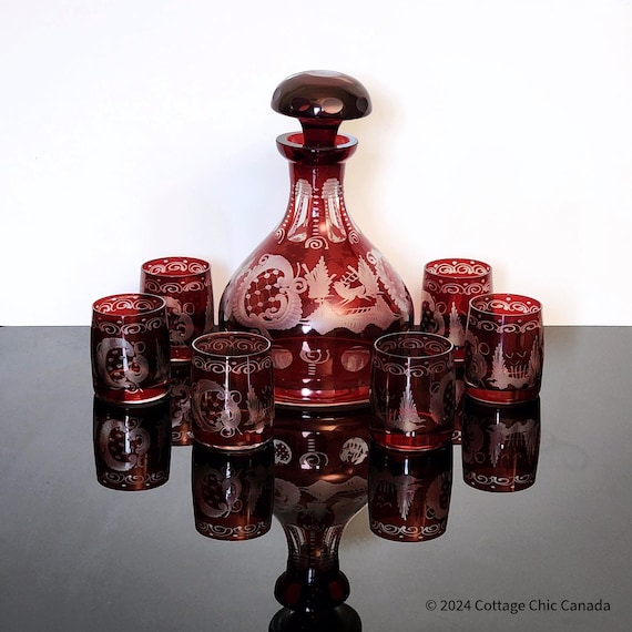 Bohemian Egermann Ruby Red Cut-to-Clear Crystal Decanter Cordial Set – Vintage Mid Century Czech