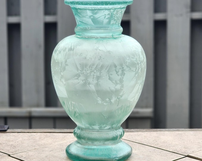 Elegant 16" Tall Green Recycled Glass Vase with Hand Applied Painted and Etched Design Made in Spain