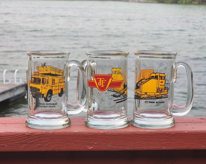 Vintage 1981 Canadian TTC Beer Steins / Mugs (Set of 3) – Red & Yellow Enamel Logo, Collectible Transit Barware Glasses