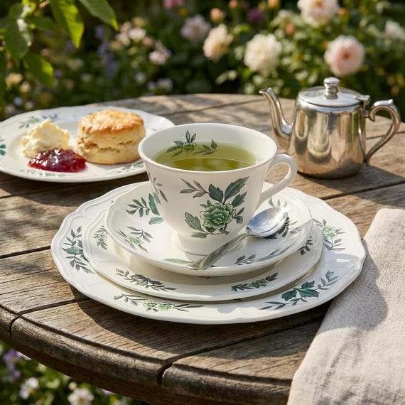 Wedgwood Green Leaf Queen’s Shape 4-Piece Tea Luncheon Set – England 1949–1957