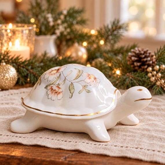 Vintage Connoisseur Tortoise Trinket Box, Hand-Painted English Bone China, Turtle Jewelry Keeper, England