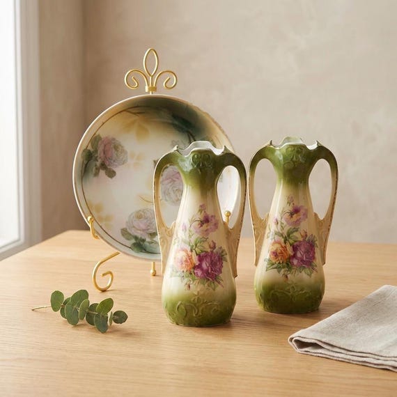 Erdmann Schlegelmilch Art Nouveau Urn Pair – Jugendstil Porcelain ES Germany, circa 1900