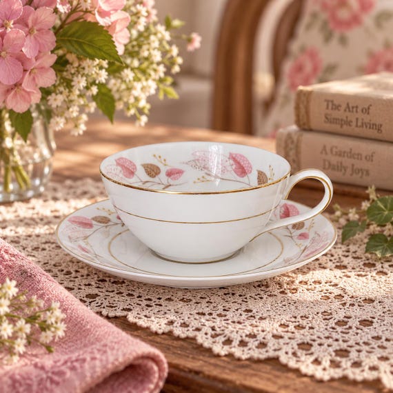 Vintage Noritake Rosanne Teacup and Saucer Soft Pink Brown Leaves Gold Trim Japan