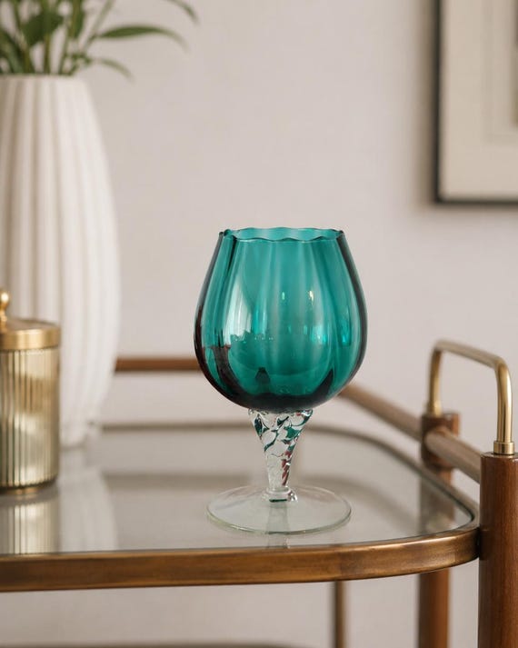 Vintage Empoli Teal Brandy Snifter Hand Blown Italian Art Glass Cognac Goblet