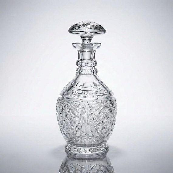 Mid Century Lead Crystal Decanter – 1950s Cut Glass Barware – Starburst Base with Stopper