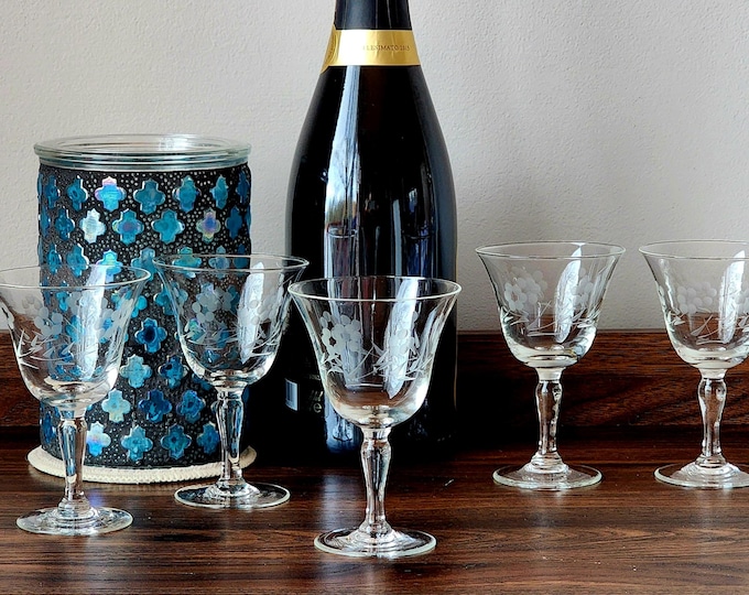 Mid Century Set of 5 Libbey Style Etched Cordial Glasses