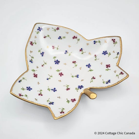Swiss Nyon Porcelain Leaf Dish Hand-Painted Florals & Gold Trim – Vintage Mid-Century Decor