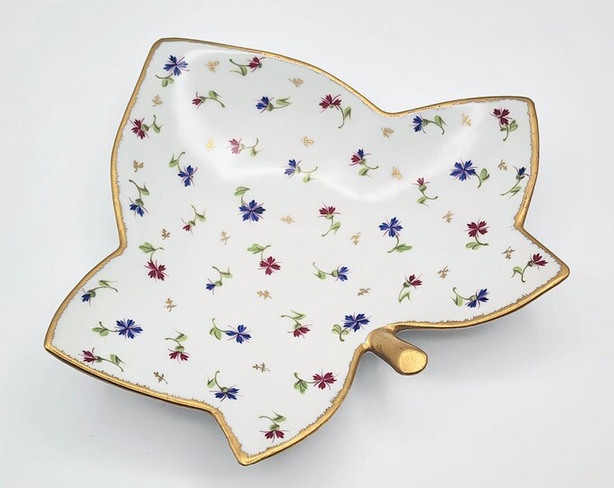 Nyon Swiss Porcelain Leaf Dish with Blue and Red Cornflower Design - Modern Reproduction