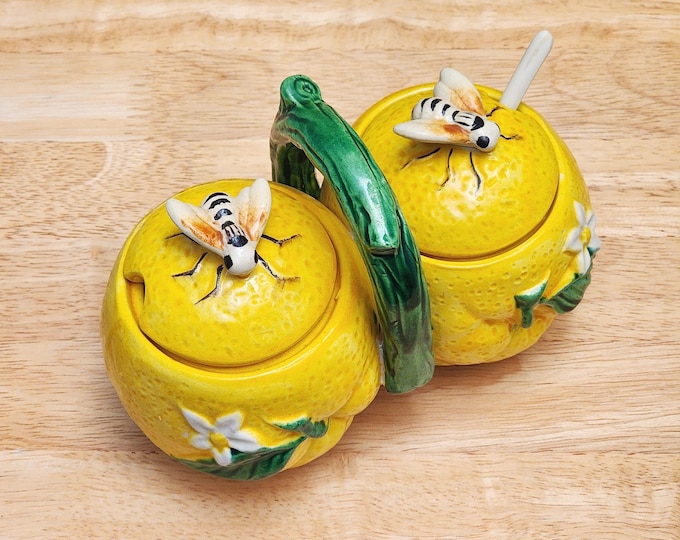 Lefton ESD Japan Yellow Condiment Jar Set with Cute Honeybees
