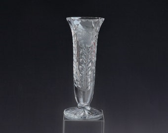 Vintage Lead Crystal Vase: Mid-Century Brilliant Cut Rose & Fern Design