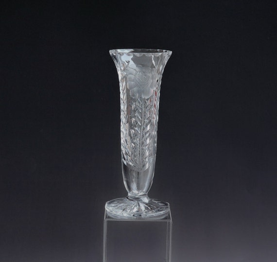 Vintage Lead Crystal Vase: Mid-Century Brilliant Cut Rose & Fern Design