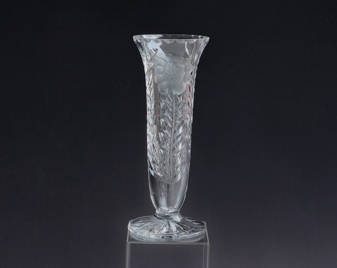 Mid Century Vintage Lead Crystal Brilliant Cut Vase with Star of David, Rose and Fern Leaves