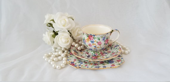 Royal Winton Old Cottage Chintz Trio: Teacup, Saucer & Plate - Ascot Shape