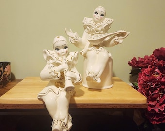 Vintage Pierrot Clown Figurines: 22K Gold Ceramic Musicians, Hollywood Regency Decor
