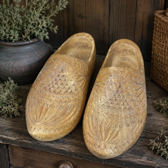 Vintage Hand Carved Wooden Clogs Folk Art Shoes Rustic European Decor Pair