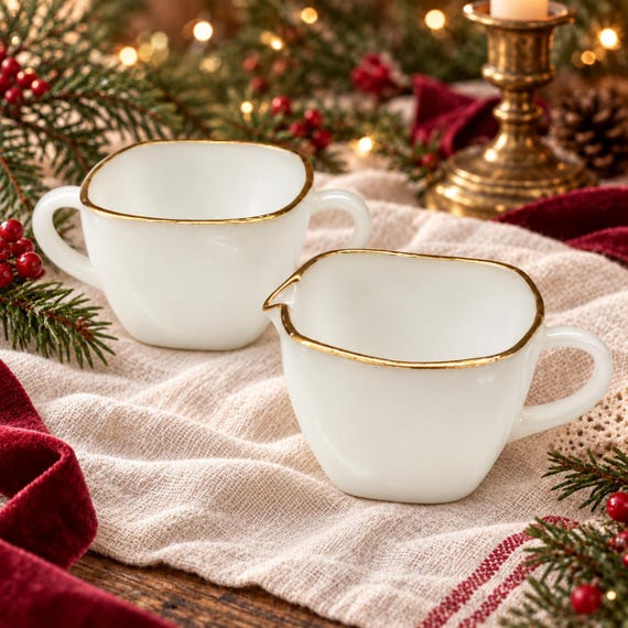 Vintage Anchor Hocking Fire King Milk Glass Creamer and Sugar Bowl Set, Gold Trim