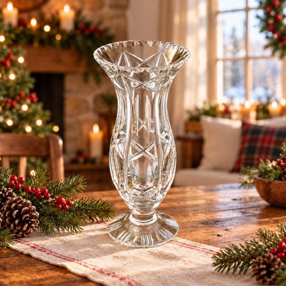 Vintage 24% Lead Crystal Vase, Starburst Fan Cut, Mid Century Flower Vase (10.75 Inch)