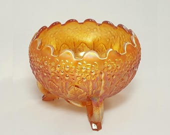 Antique Fenton Orange Tree Marigold Iridescent Carnival Glass Bowl – Three-Toed, Cupped