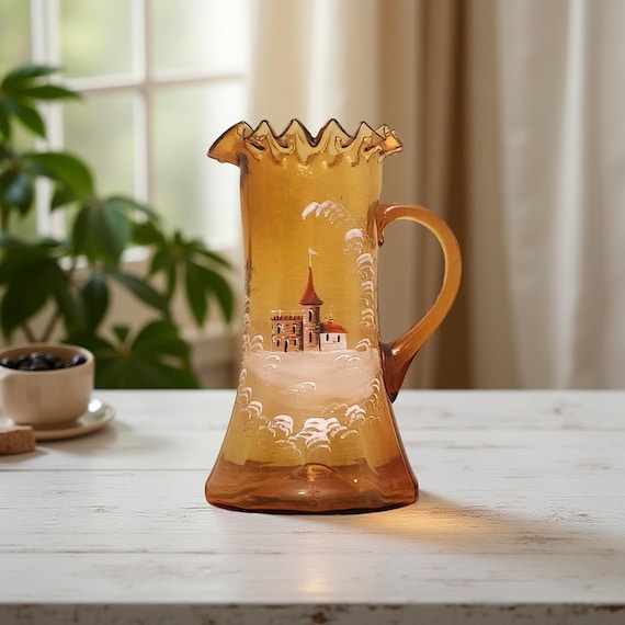 Antique Victorian Amber Glass Pitcher – Hand Painted Castle Scene Vintage Bohemian Czech