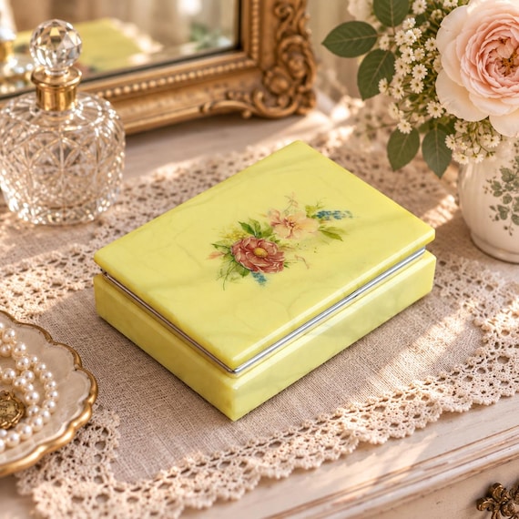 Vintage Yellow Alabaster Trinket Jewelry Box 6 1/4 Inch Hand Painted Floral Italy
