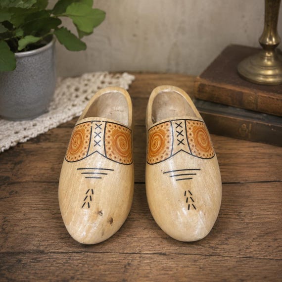 Vintage Dutch Wooden Clogs Hand Painted Folk Art Shoes Carved Wood Souvenir Pair