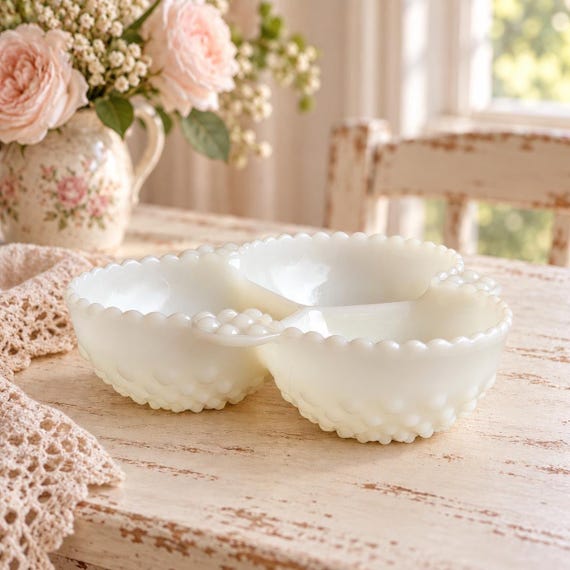 Vintage Anchor Hocking Moonstone Hobnail Clover Relish Dish, Three-Part Opalescent Glass, USA