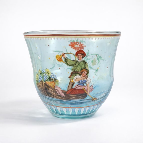 Venetian Style Hand Blown Glass Centerpiece Bowl – Renaissance Couple in Rowboat