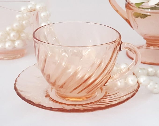 Arcoroc Rosaline Pink Glass Swirl Optic Teacup and Saucer Set