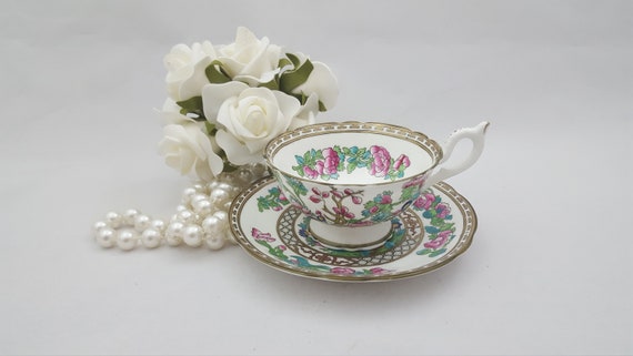 Coalport Indian Tree Footed Tea Cup and Saucer Set, English Fine Bone China