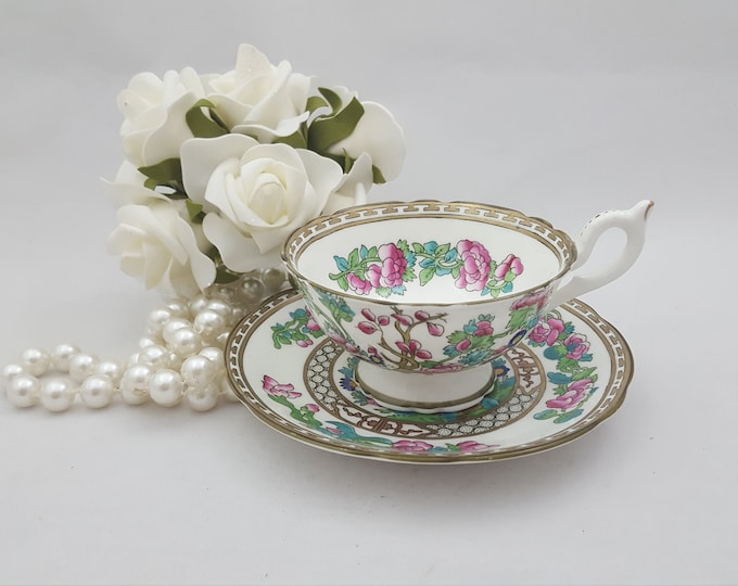 Coalport Indian Tree Footed Tea Cup and Saucer Set, English Fine Bone China