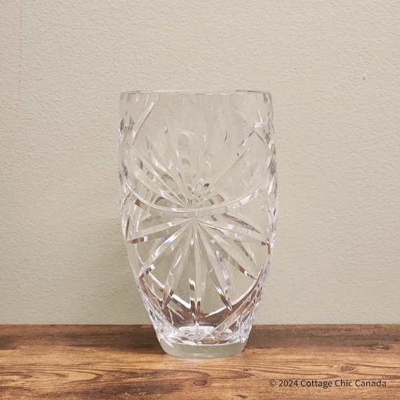 Bohemia or Rogaska Cut Lead Crystal Vase Starburst Fan Pattern – 1950s Mid Century Europe