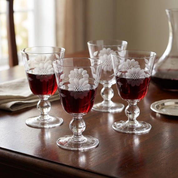 Vintage W.J. Hughes Cornflower Wine Glasses Set of 4 Etched Glass Knop Stem Canada