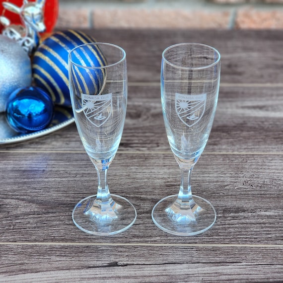Vintage Schott Zwiesel Champagne Flutes, Set of 2, Branded Country Club Advertisers