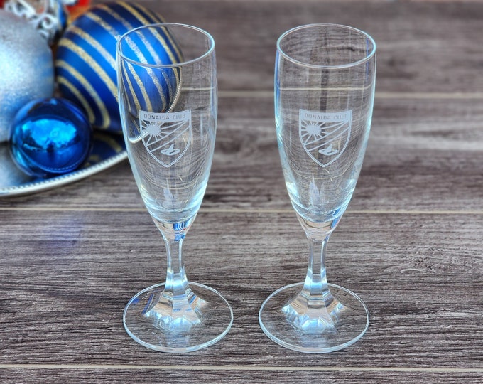 Vintage Schott Zwiesel Champagne Flutes, Set of 2, Branded Country Club Advertisers