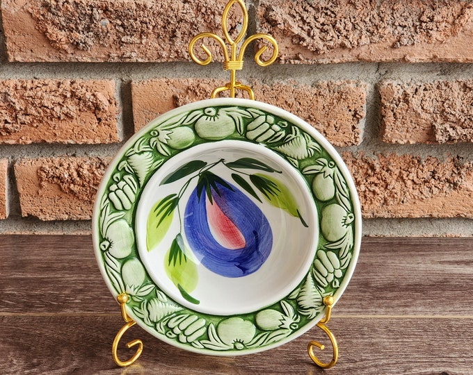 Vietri Style 7 3/4" Pottery Bowl with Fruit Motif Design, Vintage Relief Ceramics