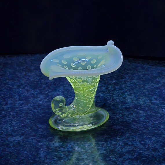 Fenton Uranium Glass French Opalescent Hobnail Mini Cornucopia Candle Holder, UV Glow, USA