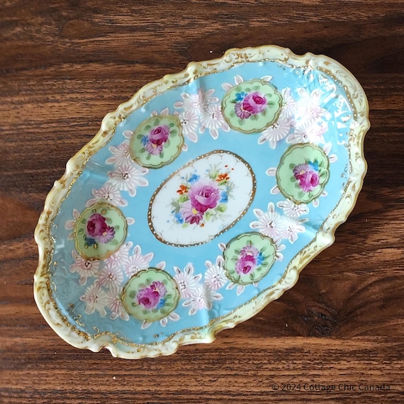 Vintage Hand-Painted Porcelain Dish – Romantic Roses & Turquoise Blue Floral Tray, Vanity Decor