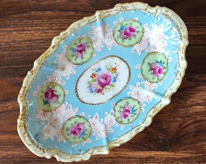 Vintage Hand-Painted Porcelain Dish – Shabby Chic Cottagecore Tray – Romantic Roses & Turquoise Blue Floral Vanity Decor